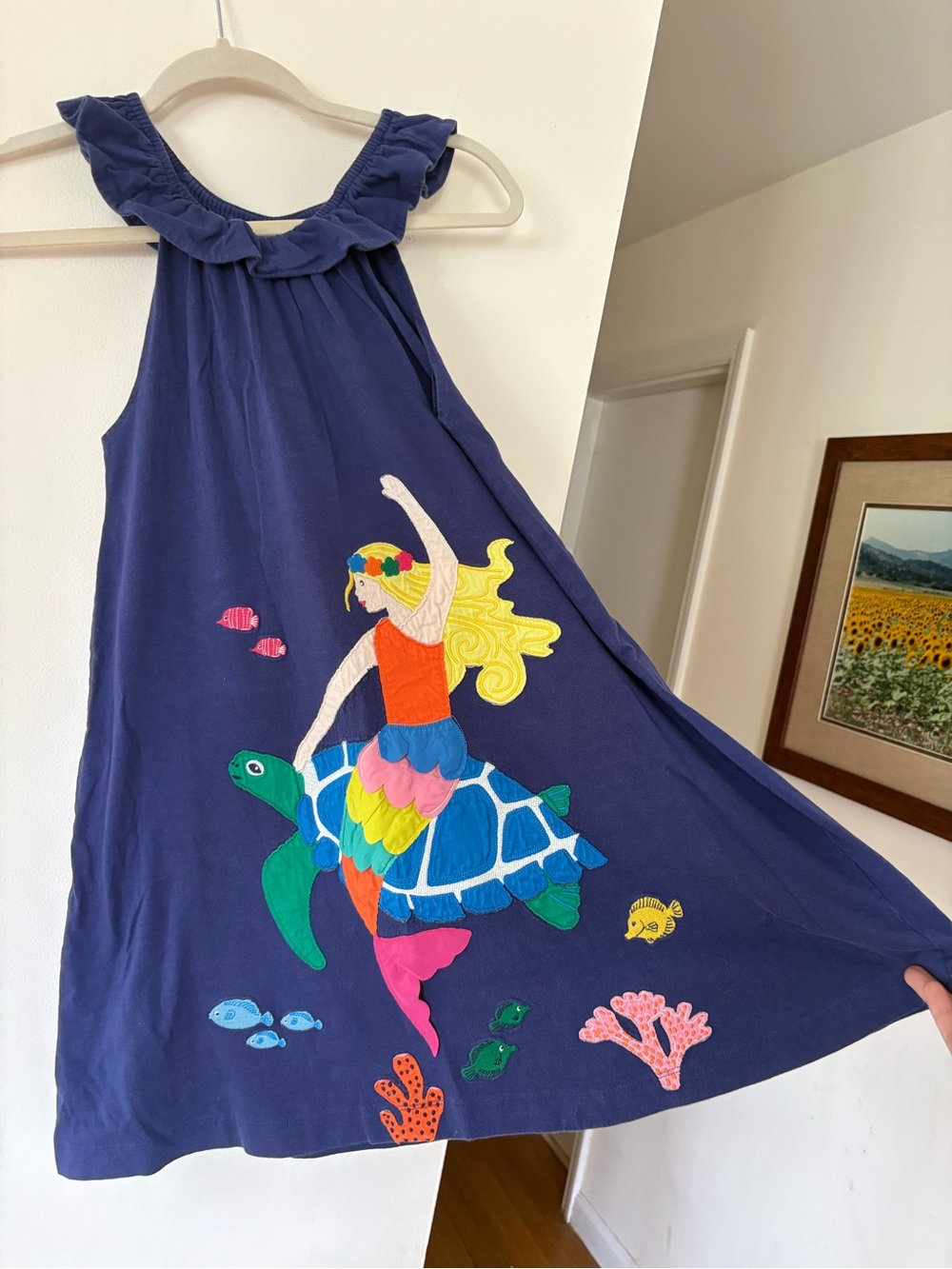 Boden Navy Girls Dress with Colorful Mermaid & Turtle Applique